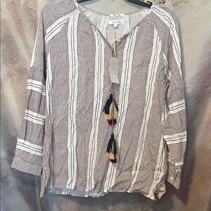 Grace & Lace Navy and White Striped Blouse with Tassels